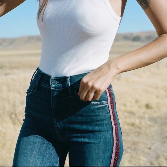 MOTHER High Waisted Looker Here Kitty Kitty Glitter Racer Stripe Jeans Size 28 - Picture 2 of 13